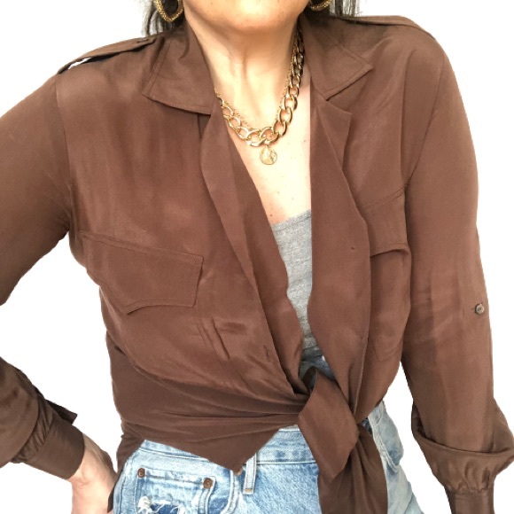 Vintage 100% Silk Button Up Safari Blouse Front Pockets Carole Little St Tropez - Picture 16 of 16